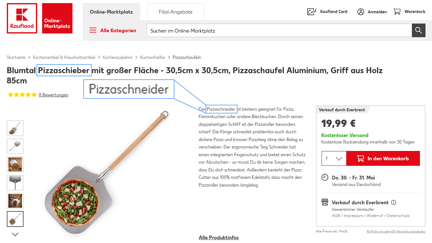 Screenshot of the product detail page for a pizza peel with an incorrect product description on the Kaufland online marketplace