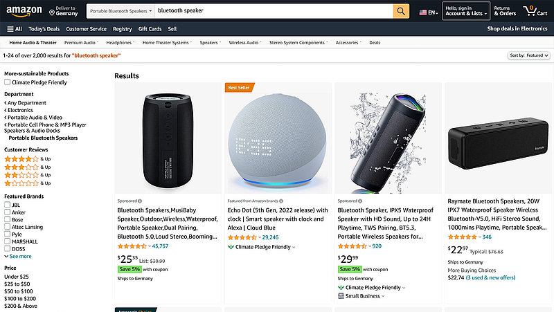 Search results page from Amazon with a list of Bluetooth speakers