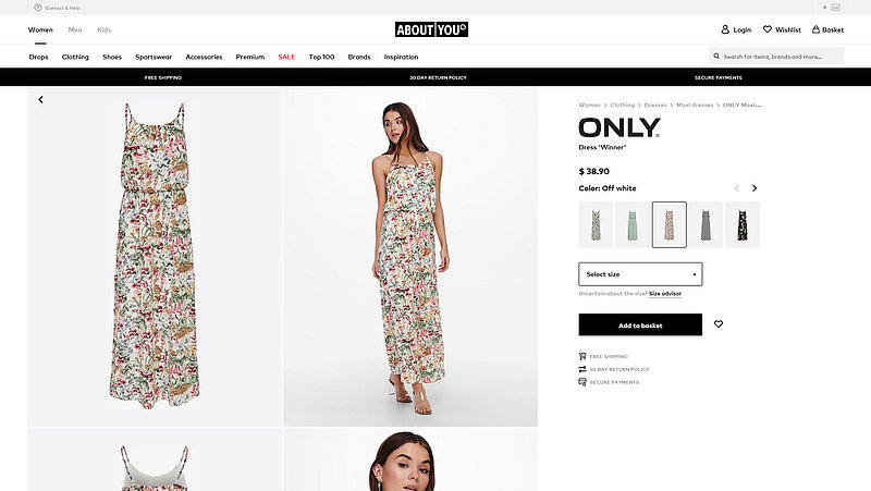 Product page of a womans dress on the marketplace About you