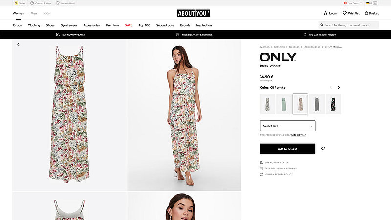 Produktseite eines Frauenkleides auf dem Marktplatz About You